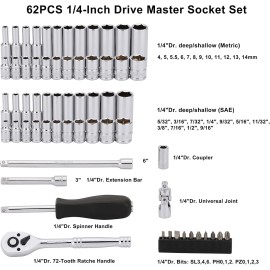 Focus tool 62pcs 1/4 Inch Drive Master Socket Set with Ratchets Adapters 4 mm-14 mm 6 Point