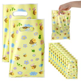 Ouligay 50PCS Bee Party Favors Bags with Handles Plastic Waterproof Goodie Bag Yellow Floral Gift Bags Candy Treat Gift Wrapping for Bee Themed Birthday Party Decoration Supplies