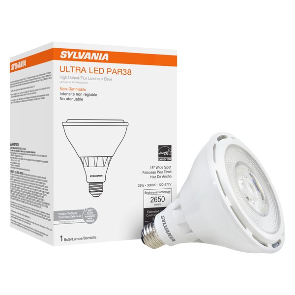 SYLVANIA PAR38 High Output LED Light Bulb, 150W = 25W, 15° Spot, Non-Dimmable, 2500 Lumens, Frosted, 3000K, White - 1 Pack (74795)