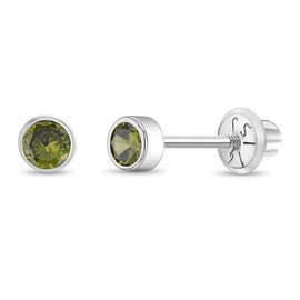14k White Gold Little Girls 3mm Bezel Set Round Simulated Peridot Screw Backs - Stunning Simulated Birthstone Earrings For Toddler Girls - Sweet Light Green CZ Girl Earrings for August Birthday