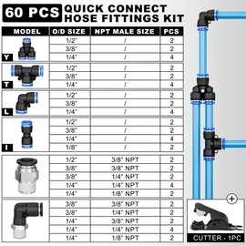 HOOTSUM 60 Pieces Push to Connect Fittings 1/8”, 1/4”, 3/8”, 1/2” for Air Line Tube, Quick Connect Air Hose Fittings