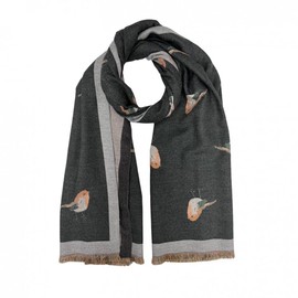 OgLuxe Women Ladies Cashmere Blend Soft Warm Blanket Comfy Winter Long Cosy Robin Print Bird Shawl & Wrap Scarf CHARCOAL