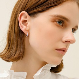 Clearine 925 Sterling Silver Small Dainty February Birthstone Hoop Earrings for Women Girls, Gorgeous Emerald Cut Crystal Huggie Dangle Earrings for Birthday Everyday Wear Purple Silver-Tone