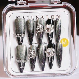 CAMILCY Handmade Nails Press on Long Pointed tip black Hand Painted Reusable Gel UV Finished Pre Shaped False Nails for Women 10pcs 3D Nails Rhinestone Press on Nails (black size L 10Pcs)
