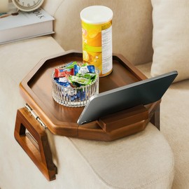 Tinamo Acacia Wood Sofa Armrest Tray - Sofa Arm Tray Table Clip Octagon - Couch Arm Table for Wide Couches (Octagonal with Phone Holder, Acacia)