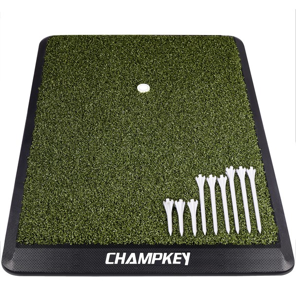 CHAMPKEY Premium Synthetic Turf Golf Hitting Mat | Heavy Duty Rubber Base Golf Practice Mat | Come with 1 Rubber Tee and 9 Plastic Tees (13" x 17", PRO Version)
