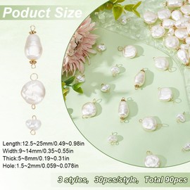 HOBBIESAY 90Pcs Pearl Pendant Connectors 3 Styles Baroque White Pearl Beads Natural Cultured White Pearl Pendants with Loops Golden for Bracelet Necklace Jewellery Making Hole:1.5-2mm