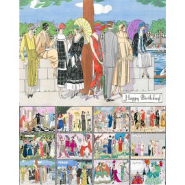 PIXILUV 12 HAPPY BIRTHDAY Notecards ~ Art Deco Glamourous Women at Fabulous Parties and Events ~ Vintage Book Illustration Postcards