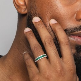 AGRULE 5mm Thick Wedding Bands for Women 925 Sterling Silver Channel Set Moissanite Emerald Cut Emerald Birthstone Ring, Size 10