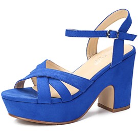 WSKEISP Sandalias de tacón de plataforma para mujer, correa al tobillo, tacón grueso, gamuza, puntera abierta, vestido de moda, para boda, tacón alto, cuñas, Azul Suede, 8.5 US