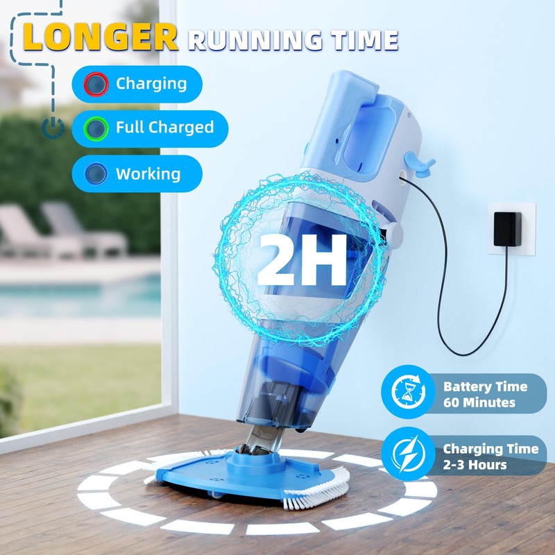 Cordless Pool Vacuum, 1950 GPH Powerful Suction, Handheld Pool Cleaner