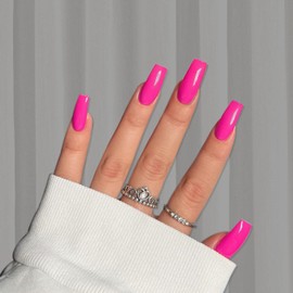 KQueenest Acrylic Press on Nails Long Square, Hot Pink False Nails Long Medium Coffin, Glossy Natural Solid Color Fake Nails Set, Reusable Gel Stick on Nail for Women Finger Daily Wear 24 Pcs
