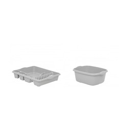 M1SS Set of 2- High Grade Plastic Kitchen Large Dish Drainer with 39cm Rectangular Washing Up Bowl (Silver Sage)