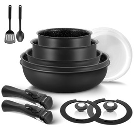 BEZIA Induction Cookware Set 13 Pieces, Nonstick Pots and Pans Set with Removable Handles, for All Hobs, Stackable Design for RV, Camping, Dishwasher and Oven Safe, PFAS Free