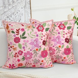 EDTOY Floral Pillow Covers 18x18 Set of 2,Pink Farmhouse Floral Pillow Covers Decorative Double Sided Pattern Cushion Cover Soft Pillow Case for Living Sofa Room Bed Porch Patio Square Pillow Cover