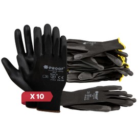 Proof Comfort & Safety Work Gloves, 10 Pairs, Precise Assembly Gloves with PU Coating, Latex Coating, Protective Gloves for Mechanics, Builders, Size 11, Black