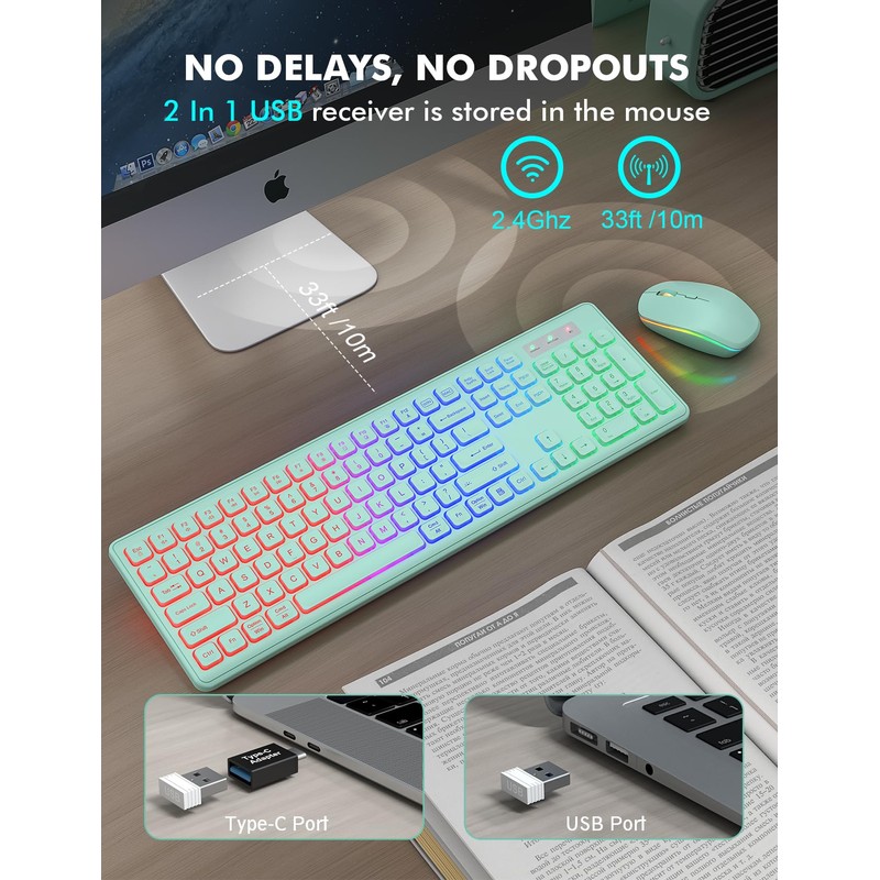 Wireless Keyboard and Mouse Combo - RGB Backlit, Rechargeable &