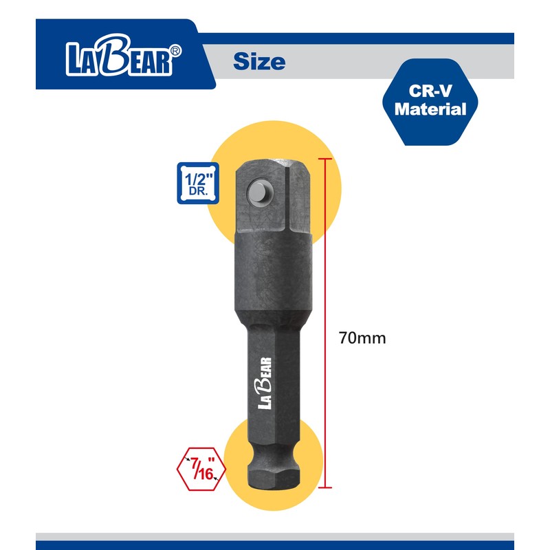 LABEAR- 7/16 hex to 1/2 impact adapter, 7/16 impact driver,