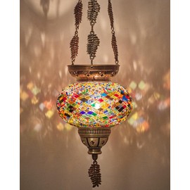 DEMMEX Turkish Moroccan Tiffany Mosaic Glass Hanging Candle Holder Decorative Lantern with Colorful Mosaic Glass Globe and Metal Leaf Chains, Handmade in Turkey, 24" H, Multicolor