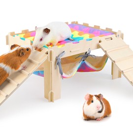 Guinea Pig Hideout with Hammock, Soft Guinea Pigs Hammock Wooden Guinea Piggy House with Stairs Large Guinea Pig Toys fit Guinea Pigs Cages Accessories for Small Animals