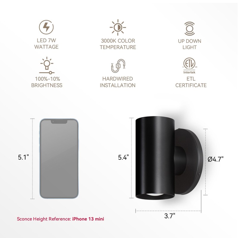 Tubicen Up Down Wall Sconce Indoor Black Cylinder Sconces Wall