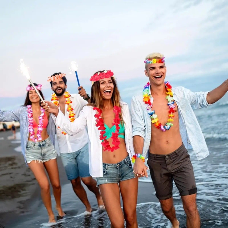 Collar Hawaiano Flores Fiestas, Batucada Evento Boda, 4 Pcs