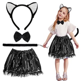 Moiuguli Children's Cat Costume, Carnival Costumes for Children, Cat Costume, Girls, Pack of 4, Animal Costume with Black Sequin Tutu, Cat Ears, Bow Tie, Tail for Girls, Carnival Cosplay