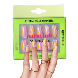 PaintLab Press On Nails - 24 Piece Fake Nails with Glue, Nail File, Prep Pad & Cuticle Stick | Non Toxic & Cruelty Free | Complete Glue On Nails for Women & Girls (Orange Swirl Almond)