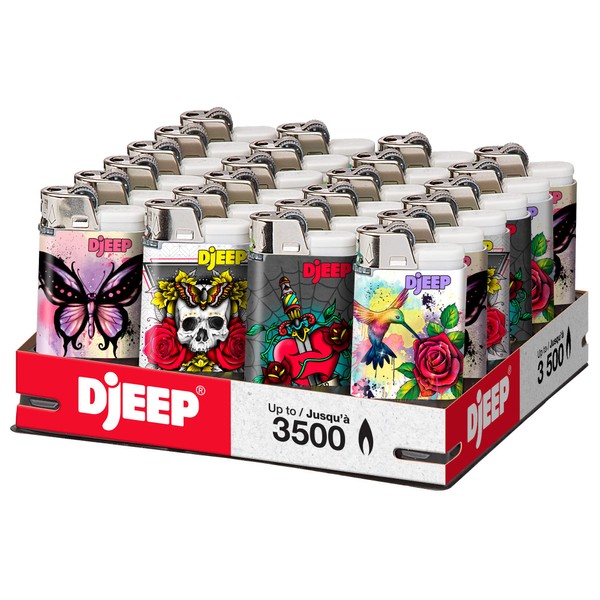 DJEEP Pocket Lighters, Tattoo Collection Textured Metallic, Unique Lighters, 24 Count Tray of Disposable Lighters