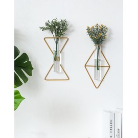 yaocoral 2 Pack Nordic Wall Vase Hanging Geometric Gold Flower Vase Wall Mount Metal Frame Vases Hydroponic Glass Bud Vase Decor for Home Wedding Farmhouse