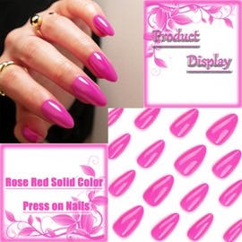 24Pcs Rose Red Short Medium Almond Press on Nails with Solid Color Design, Glossy Rose Red False Nails Gel Glue on Nails, Solid Color Manicure Art Acrylic Fake Nails Stick on Nails for Coquette Women