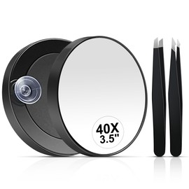 MIYADIVA 40X Magnifying Mirror, 3.5 Inch Round Compact Mirror with Suction Cup, Stainless Steel Tweezers, Perfect for Makeup, Eyebrows, Beards, Travel