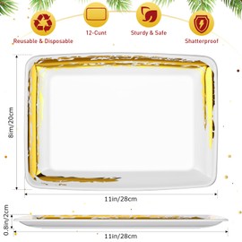 SiliFine 12 Pack White Plastic Serving Trays 11 x 8 Inch Rectangle Serving Platters Tray Decor Dessert Food Tray, Serving Trays for Valentine's Day Weddings Party Baby Shower Party Favors(White, Gold)