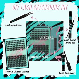 Midnight DIY Lash Extension Kit, 144 pcs Eyelash Clusters Kit Lash Bond and Seal, Lash Glue Remover and Applicator for Individual False Eyelashes Kit Lash Extensions(D-Mix 8-16mm Kit)