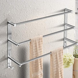 Bath Towel Bar 3-Tiers with Hook, 24-Inch Stainless Steel Wall Towel Rack for Bathroom Wall Mounted, Towel Ladder Holder Brushed Finished