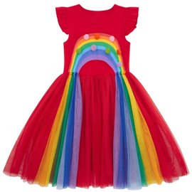 Vieille Rainbow Dress Size 6 Girls Red Tulle Dresses Size 7 Flutter Sleeve 6T Dresses for Girls Birthday