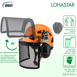 LOHASTAR Forestry Helmet with Face Shield and Ear Muffs Safety Helmet Chainsaw Garden Tree Cutting Logging Work Arborist Hard Hat(A2 Orange+Mesh face Shield+Earmuff)