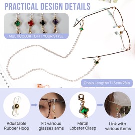WEMOOTANTS 4 Pcs Beaded Glasses Chain for Women Lucky Charms Clover Eyeglasses Strap Dainty Imitation Pearl Eye Glasses Holder Around Neck for Girls