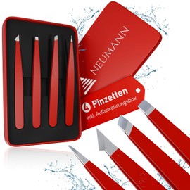 NEUMANN® Tweezers Set (Stainless Steel) for Removing Eyebrows and Hair - Oblique Tweezers, Pointed Tweezers & More - Includes Storage Box [Red]
