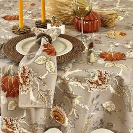 Amelie Michel Luxury French Cotton Print Tablecloth in Ceylan Floral, Taupe and Orange |Machine Washable Fabric Made in France [65" x 96" Rectangle]