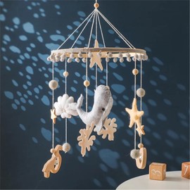 Sea World Mobile Baby Wind Chimes, 3D Dolphins Mobile Baby Wooden with Felt Balls, Mobile Baby Girl Bed Bell Pendant for Baby Cot Boys and Girls (Grey)