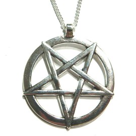 Large Unisex Inverted Pentagram Pendant on Silver-Tone Chain Necklace