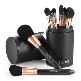 OMANIAC Juego de brochas de maquillaje profesional, 12 brochas de maquillaje con mango de madera nacarada, pelo de fibra sintética sin crueldad animal