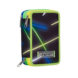 Seven School Pencil Case with 3 Compartments, Blue, Light Route, Pencil Holder with Three Compartments, Complete with Pens, Pencils, Colours, Accessories, Backpack, Primary School, Medium, Top, Kids