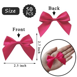 Hapforever 50pcs Mini Hot Pink Bows for Gift Wrapping, 2.5 Inch Hot Pink Satin Ribbon Bows Twist Tie Bows with Double - Sided Tape for Treat Bags Premade Bows for Baby Shower Wedding Decorations