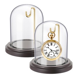 2 Pcs Pocket Watch Display Case with Hooks 3" x 4" Watch Ornament Glass Display Glass Dome Cloche with Wood Base Decorative Glass Display Dome Cloche for Watch Medals Jewelry Collectibles(Gold Hook)