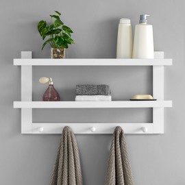 Danya B 2-Tier Ledge Wall Shelf Organizer with Five Hanging Coat or Towel Hooks - Perfect for Entryway or Bathroom (White)