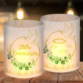 Pack of 12 Tea Light Holders Table Decoration Communion Decoration Eucalyptus Green First Communion Decoration Boy Girl Christening Decoration Communion Party Favours Schön DASS Du Da Bist, for Tea
