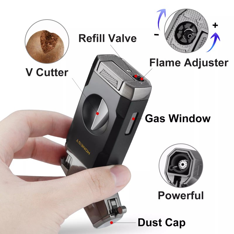 Torch Cigar Lighter Built-in V Cigar Cutter Refillable Butane Torch
