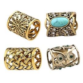 SYWDUDUCLT Vintage Style Scarf Ring Set, 4 Pack, Gold Tone with Floral, Turquoise, Weave and Owl Designs